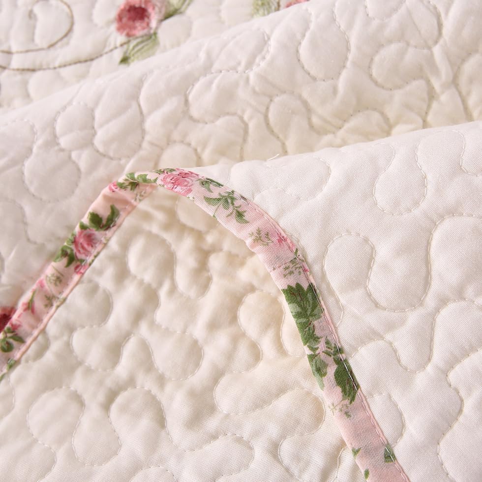 Quilt Set Floral Leaves 3D Embroidery Pattern 2 PCS Cotton Reversible Quilted Embroidered Decorative Bedspreads Coverlet Set, Lightweight &Soft Queen Size Beige Bedding Coverlet for All Season