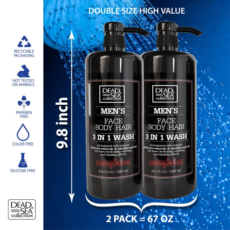 Dead Sea Collection Mens Body Wash 3 in 1 – Sandalwood Body Wash for Men – Shower Gel – Shampoo – Shower Soap for Face and Hair – Pack of 2 Bottles (33.8 Fl. Oz. Each)