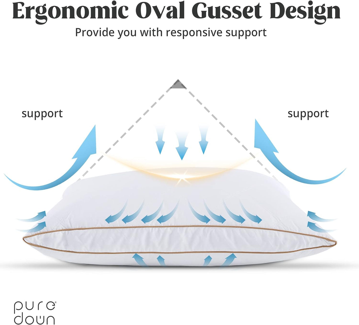puredown® Natural Goose Down Feather Pillows for Sleeping Oval Gusseted Feather Down Pillow 100% Cotton Pillow Cover with Leaf Quilting King Set of 2