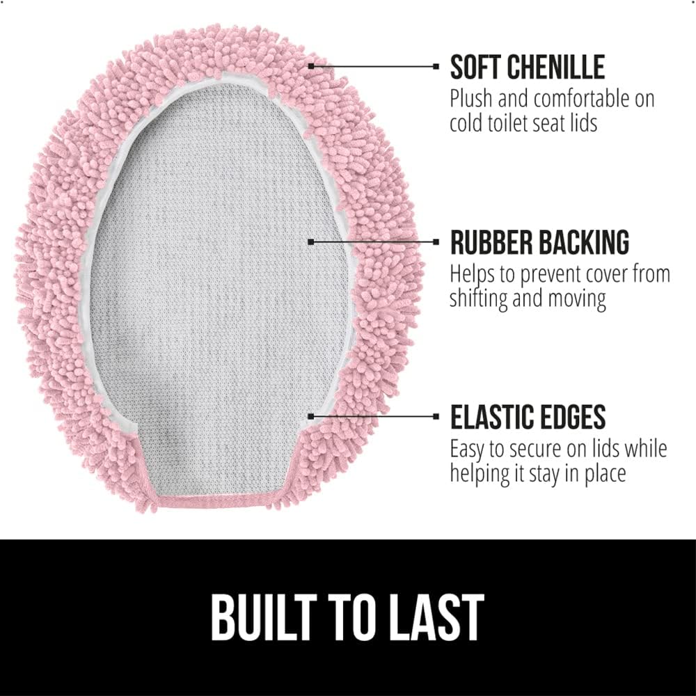 GORILLA GRIP Soft Chenille Bathroom Toilet Lid Cover, Machine Washable Seat Covers, 19.5x18.5, Stays in Place Rubber Backing, Fits Most Round, Elongated and Oblong Lids, Accessories Decor, Light Pink