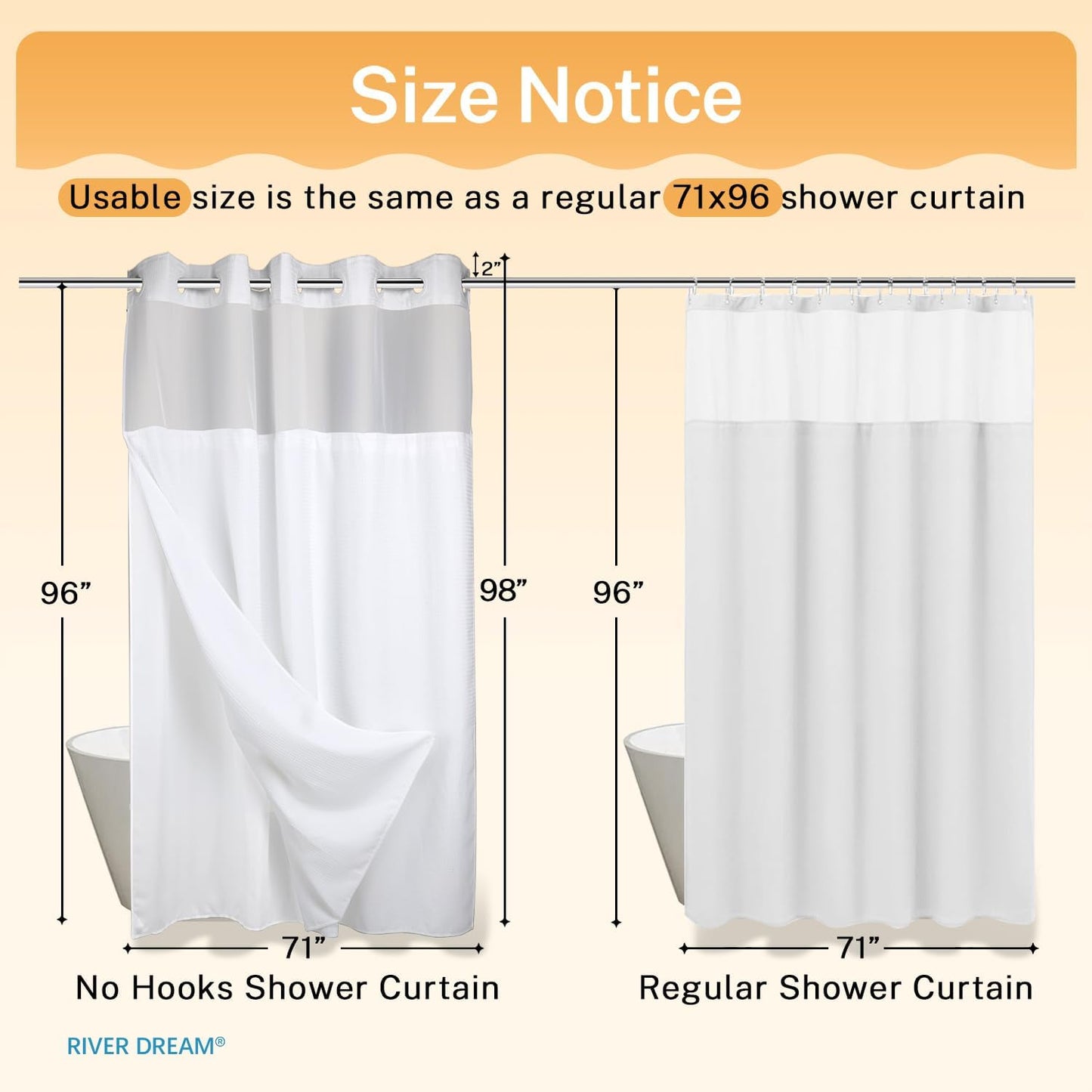 River Dream Heavyweight No Hooks Required Dotted Waffle Weave Shower Curtain with Snap in Liner - 71W x 98H,Hotel Grade,Spa Like Bath Curtain,White