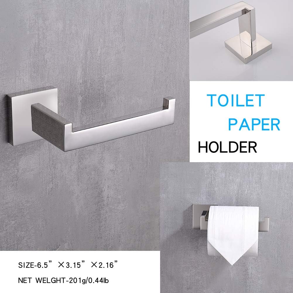 TASTOS 3-Piece Chrome Bathroom Hardware Accessory Set, Premium Stainless Steel Robe Hook Toilet Paper Holder 16-Inch Towel Bar Set Wall Mounted Square Style, Polished Finish (Silver)