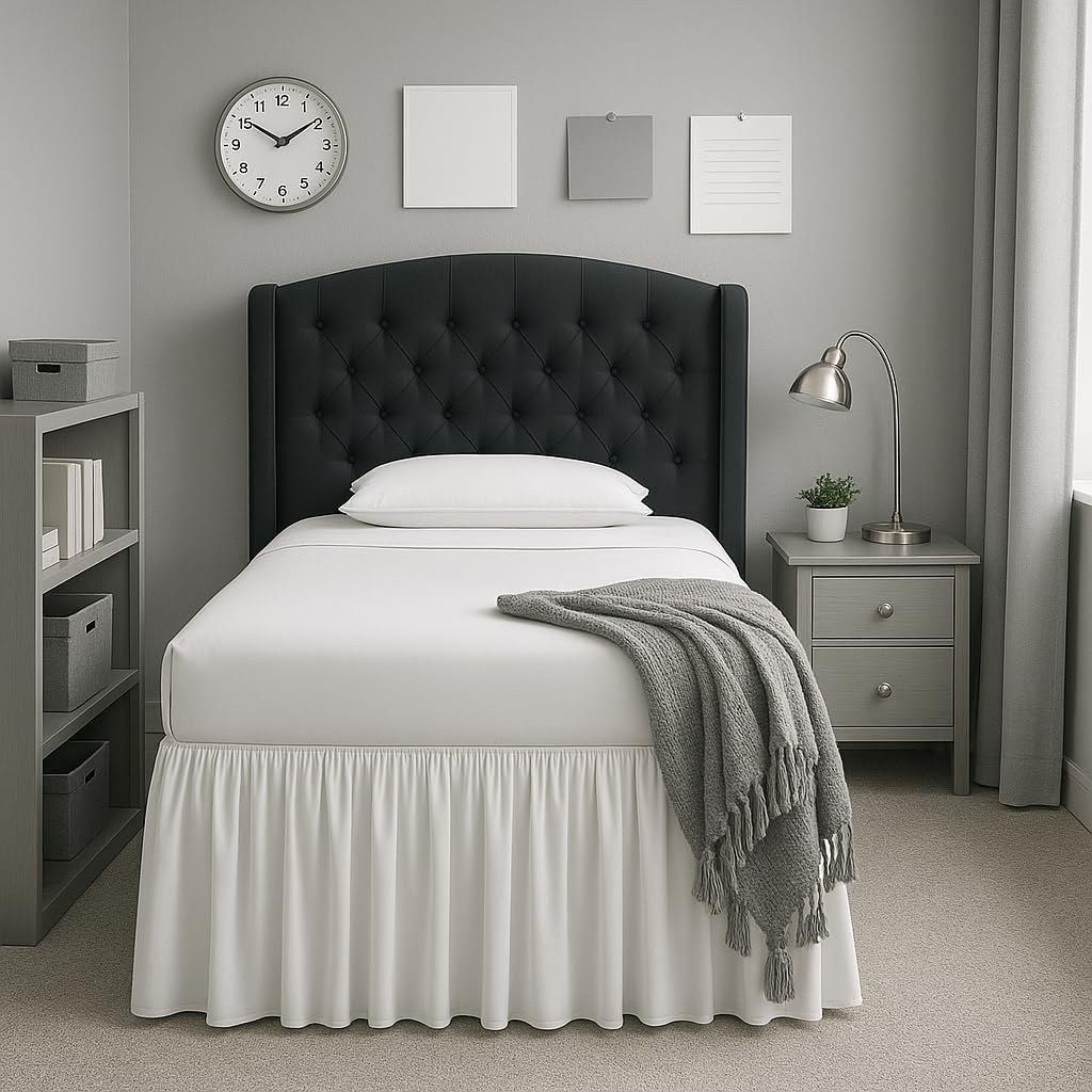 Cottingon Dorm Bed Skirt Twin XL 46" with Split Corners, 100% Microfiber Soft and Stylish, College Room Essential, Extra Long Dust Ruffle for Extended Beds, White