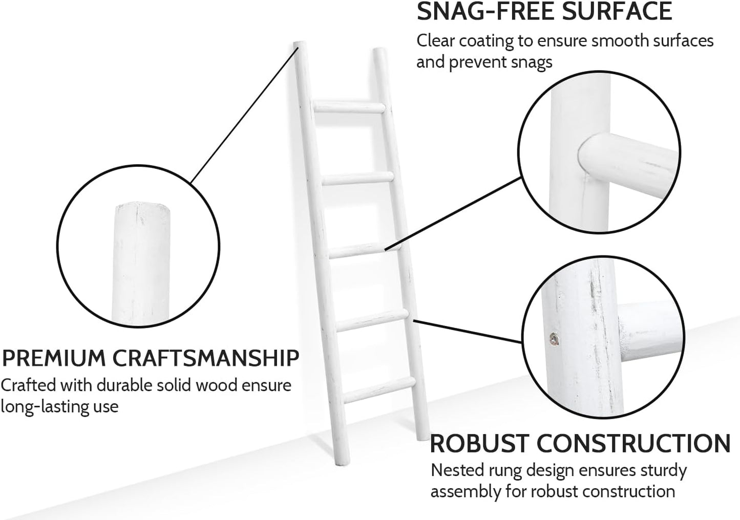 FUIN 57in Wood Blanket Ladder Living Room Decorative Wall Leaning Farmhouse Quilt Display Holder Rustic Wooden Towel Rack for Bathroom, White