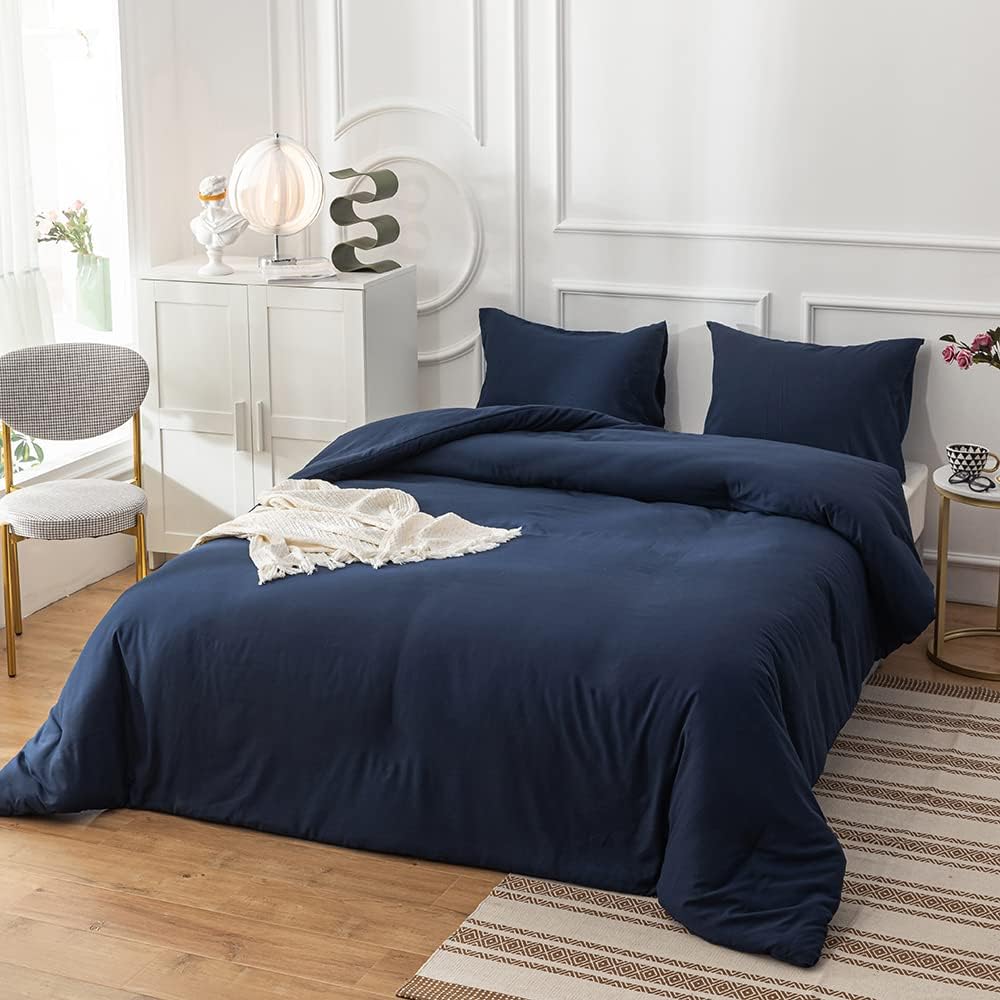 Cottonight Navy Blue Comforter Set Full Dark Blue Bedding Set Full Color Quilts Dark Navy Color All Season Blanket Breathable 3 Piece Comforter Set for Adults Teens
