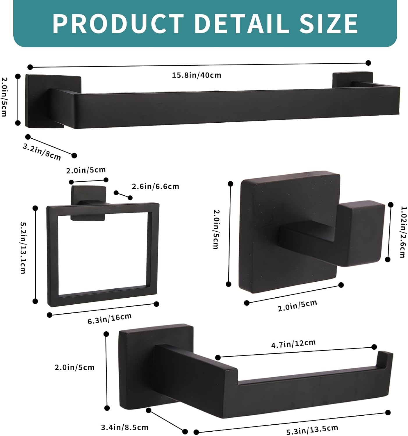 5-Pieces Matte Black Bathroom Hardware Accessories Set, 15.6 inch Towel Bar,Towel Racks for Bathroom, Robe Towel Hooks, Toilet Paper Holder Wall Mounted