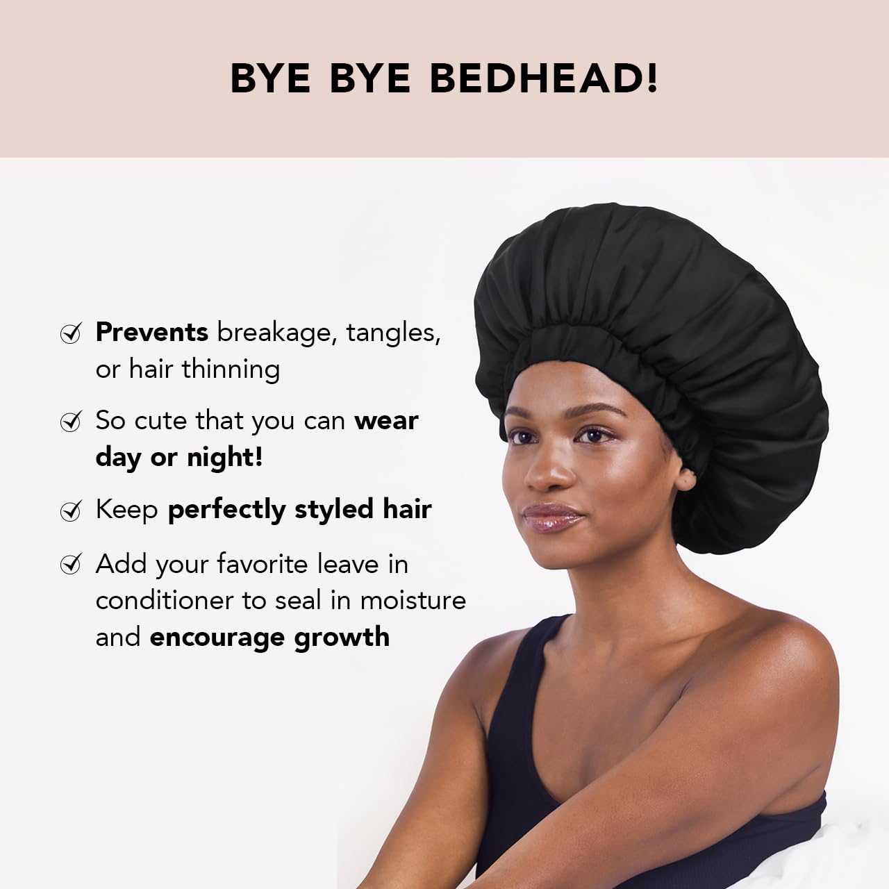Kitsch XL Satin Bonnet for Sleeping - Softer Than Silk Hair Bonnet For Women - Secure Fit, Adjustable Night Cap For Curly & Textured Hair - Prevents Breakage, Tangles & Thinning - Black