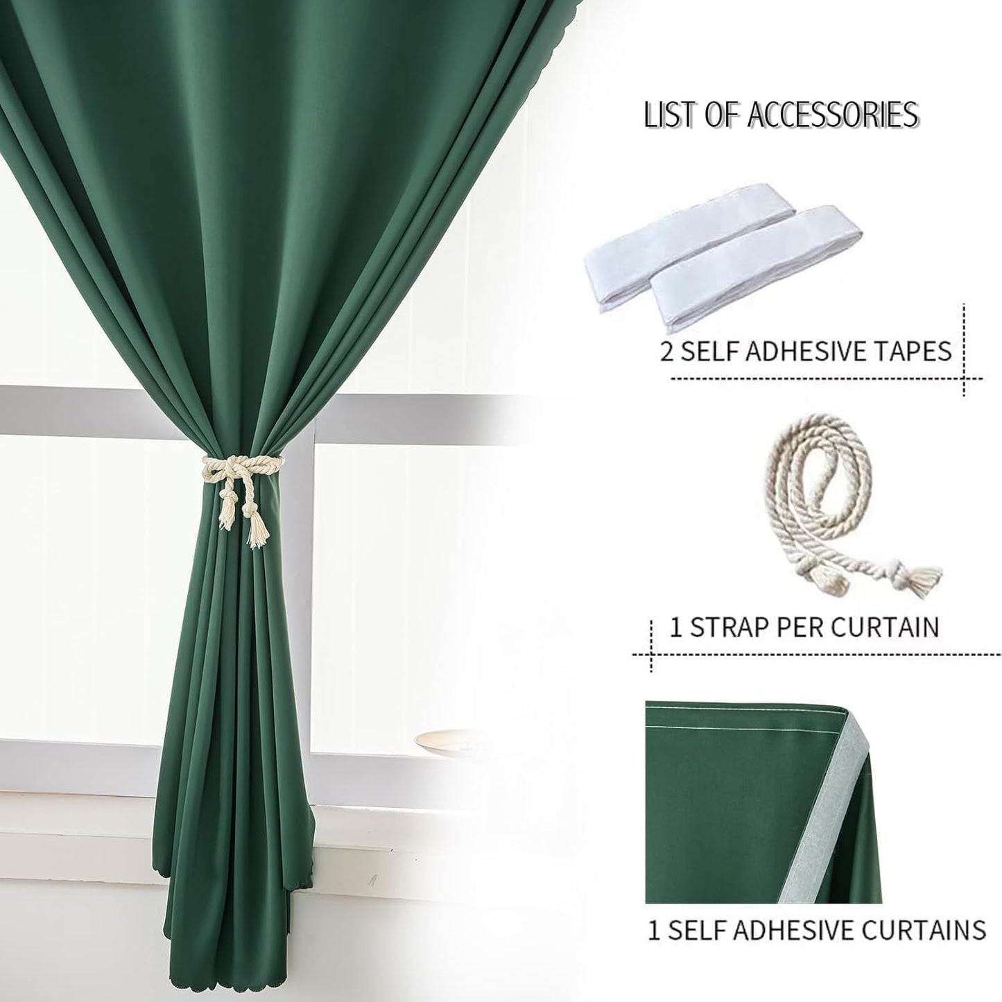 Blackout Curtains for Bedroom Sticky Curtain Blackout Window Cover Self Adhesive Curtains Rod No Drillng, 59" W X 96" L, Dark Green, 1 Panel