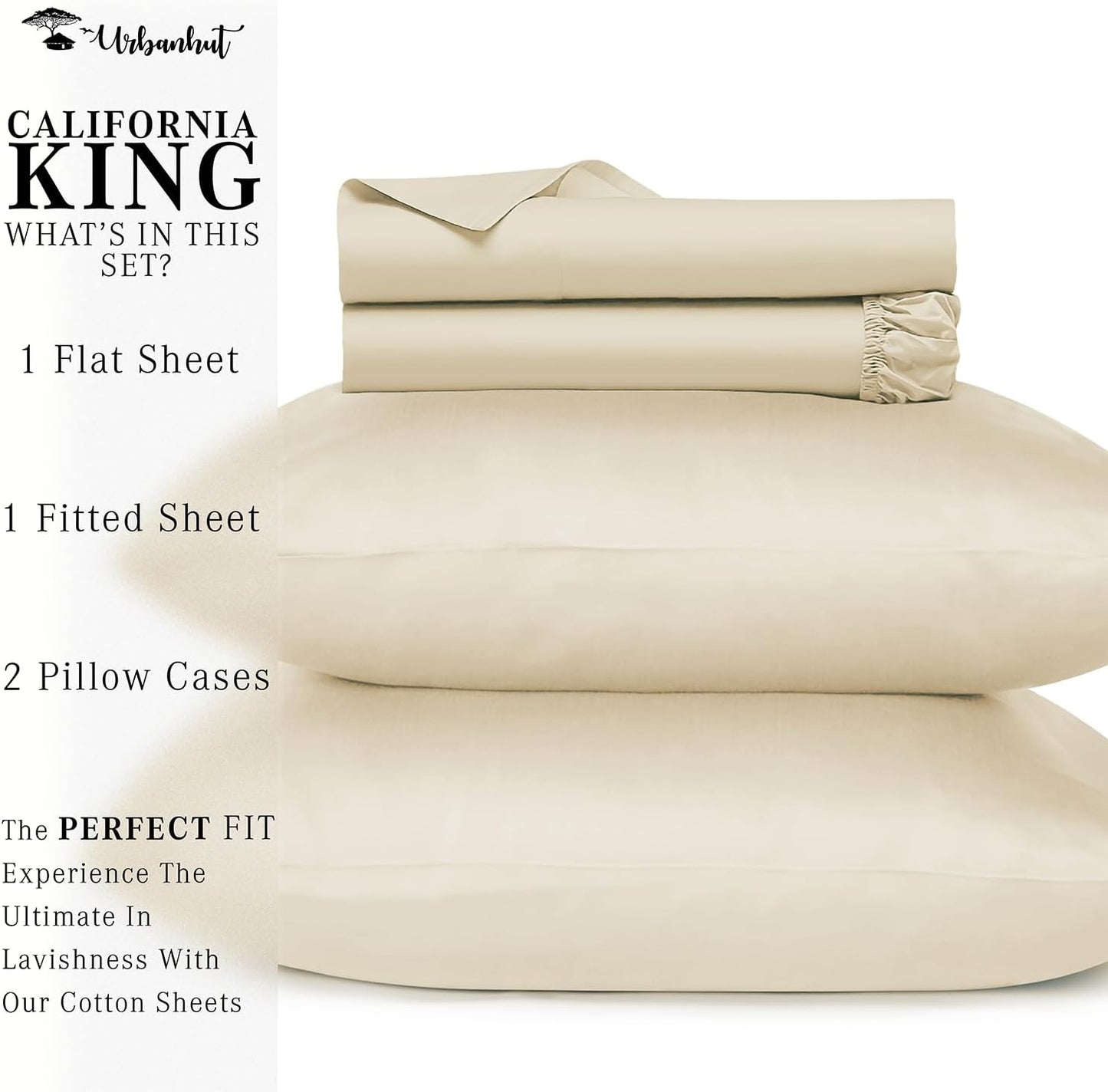 URBANHUT 700 Thread Count California King Sheet Set Egyptian Cotton Sheets, 4Pc Sheet Set Soft Luxury Bed Sheets for Cal King Size Bed, Sateen Weave Hotel Sheets, 16'' Elasticized Deep Pocket - Ivory