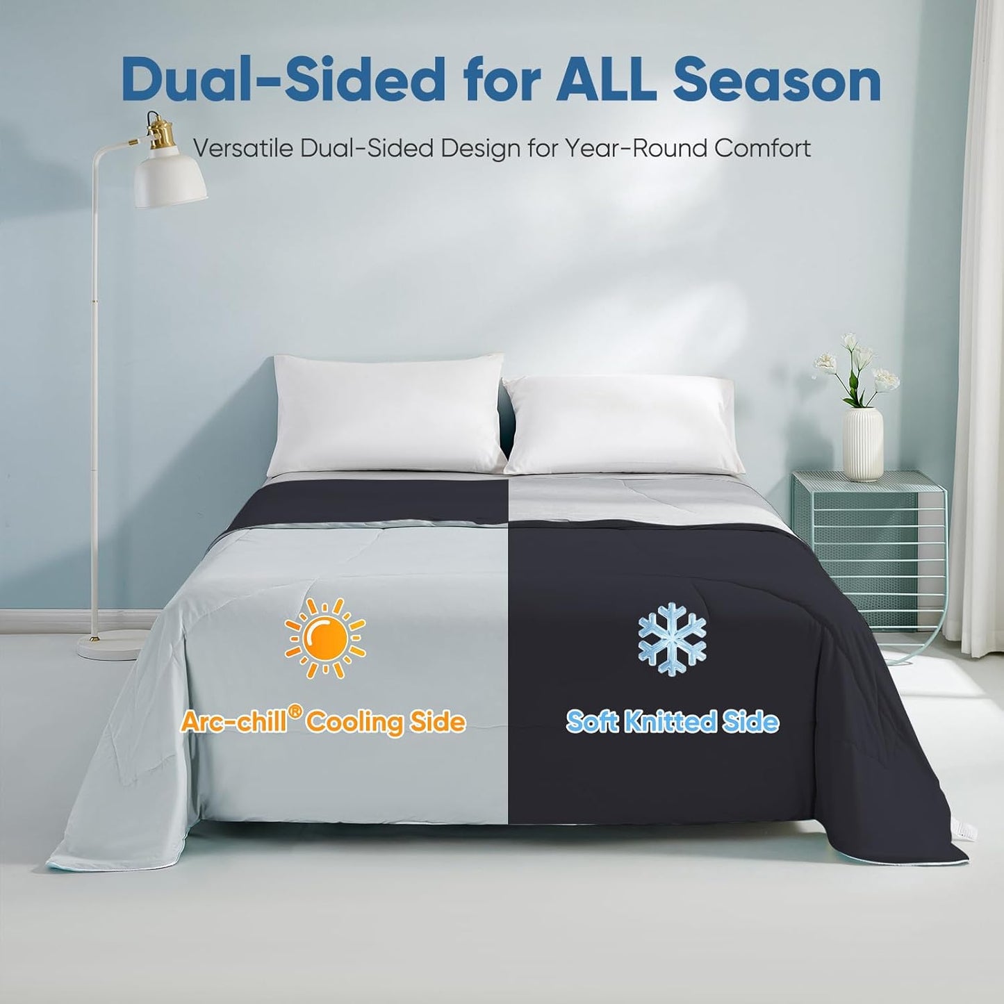 Elegear Revolutionary Cooling Comforter Queen Absorb Body Heat to Keep Cool, Cooling Blanket for Hot Sleepers Japanese Arc-Chill 3.0 Cool Tech Summer Comforter Hypo-Allergenic Cool Quilt-Black/Gray