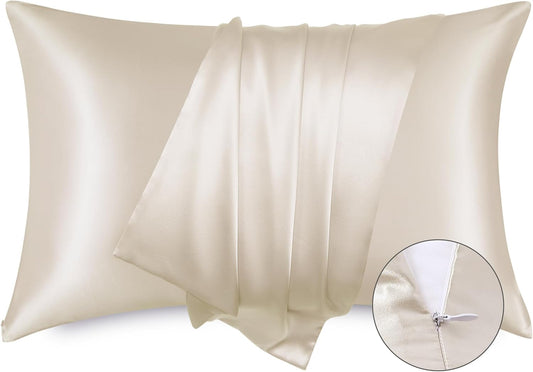 Bedsure Satin Pillowcase with Zipper, Similar to Silk Pillow Cases 2 Pack, Beige Satin Pillow Cases Queen, Silky & Soft Pillow Covers Hair and Skin, Christmas Decor Gifts for Women Men, 20x30 Inches