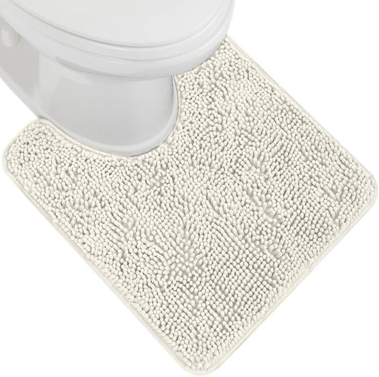 GORILLA GRIP Plush Absorbent Shaggy Chenille Bath Rug Mat for Oval Toilet Base with Rubber Backing, Machine Washable Rugs, Soft Microfiber Contour Mats for Toilets, Bathroom Decor, Ivory
