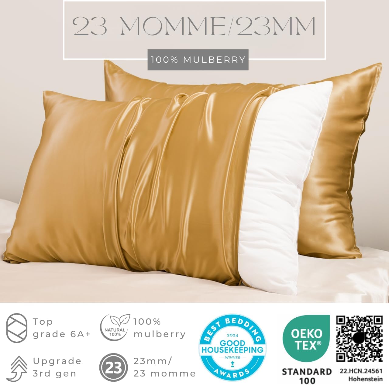 PROMEED 23 Momme Silk Toddler Pillowcase 2 Pack with Free Laundry Bag, Natural Highest Grade 6A+ 100% Mulberry Silk Pillow Case Set of 2, Zipper (Toddler/Travel 13"x18", Gold)