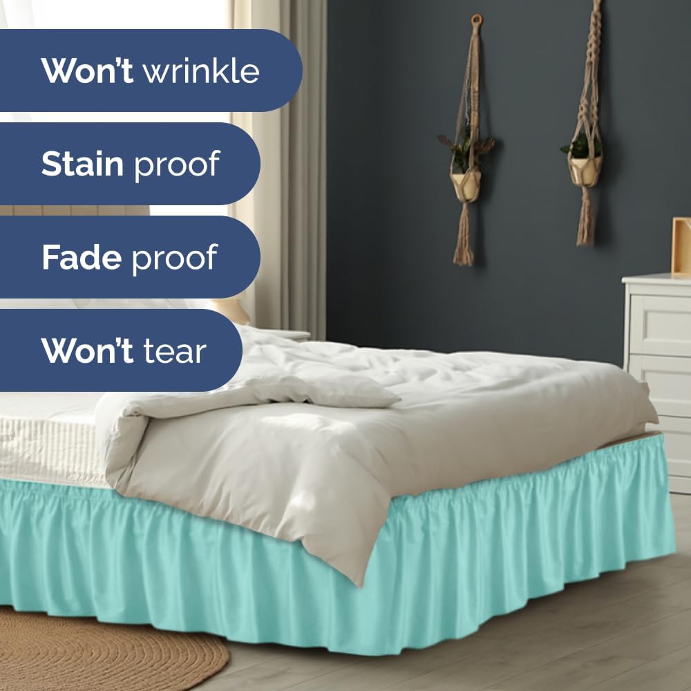 Wrap Around Dust Ruffle Bed Skirt - Spa Blue - for Queen Size Beds with 24 Inch Drop - Elastic Strap - Adjustable Pleated Bedskirt with Brushed Fabric and Wrinkle Free - for Women, Men, Kids & Teens