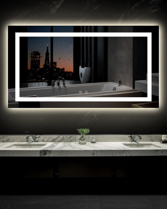 Ensenior LED Bathroom Mirror 55"x 30" with Front and Backlight, Stepless Dimmable Wall Mirrors with Anti-Fog, Shatter-Proof, Memory, 3 Colors, Modern LED Vanity Mirror-ETL & FCC