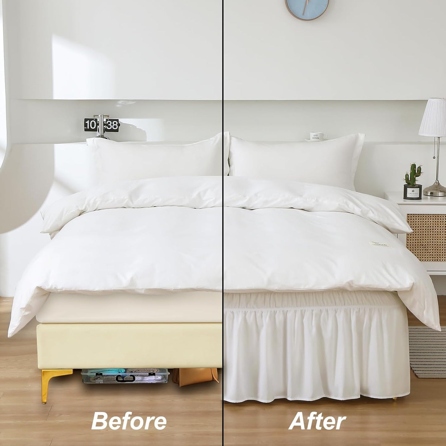 MEILA Wrap Around Bed Skirt Three Fabric Sides Elastic Dust Ruffled 24 Inch Tailored Drop,Easy to Install Fade Resistant-Natural White, Twin/Full