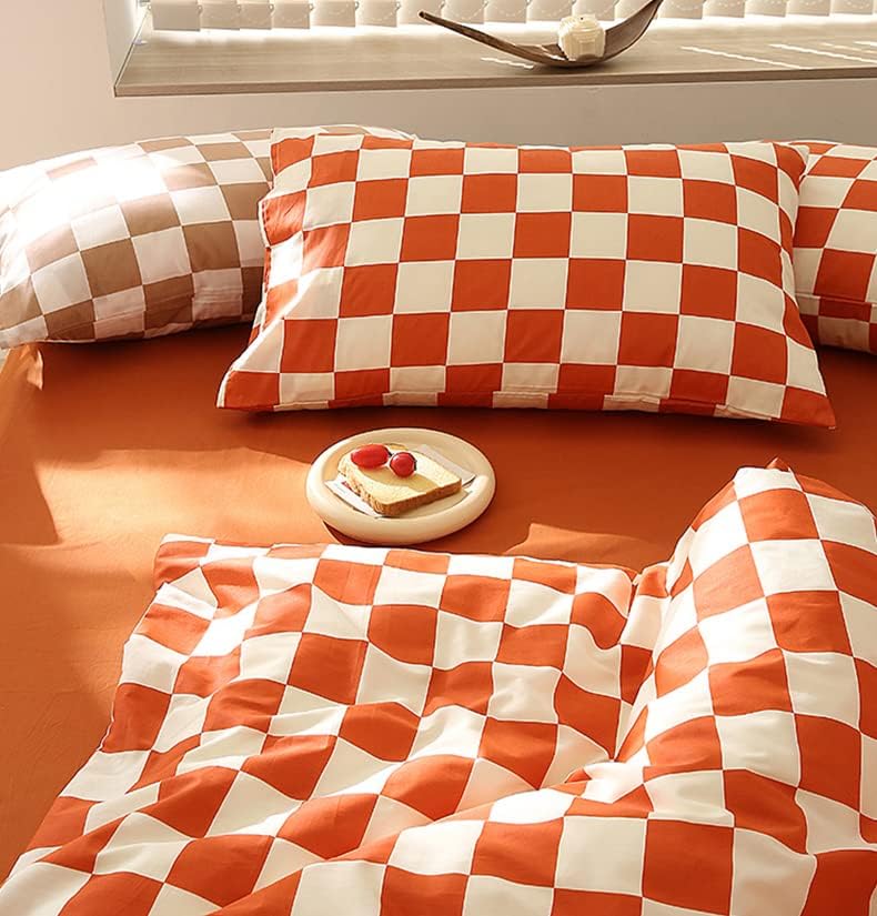 KAREVER Orange White Grid Comforter Set Cal King Burnt Orange Plaid Bedding Set Women Reddish White Checkered Bed Blanket Set Men Durable Breathable Bedding Comforter Set