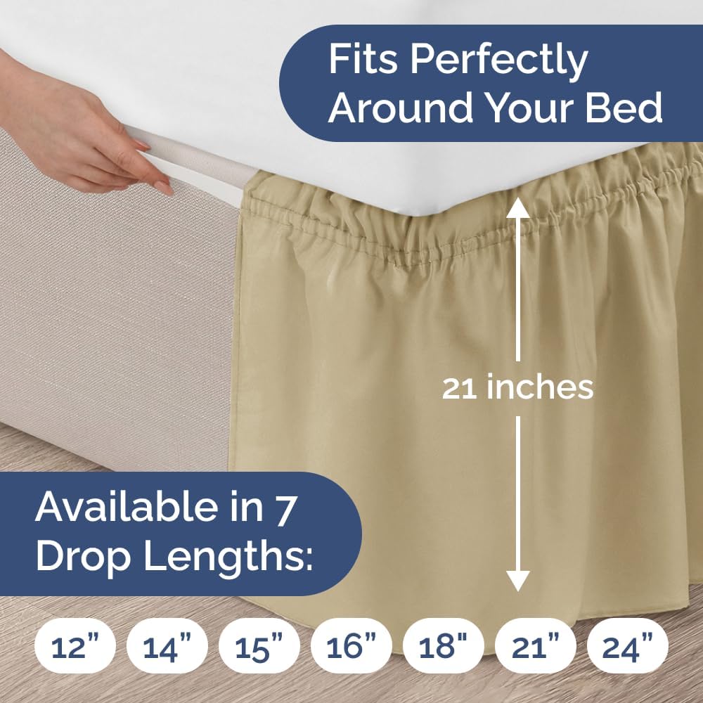 Wrap Around Dust Ruffle Bed Skirt - Beige - Twin/Twin XL Size Beds with 21 Inch Drop - Easy Fit Elastic Strap - Adjustable Pleated Bedskirt w/Brushed Fabric - Wrinkle Free - Women, Men, Kids & Teens