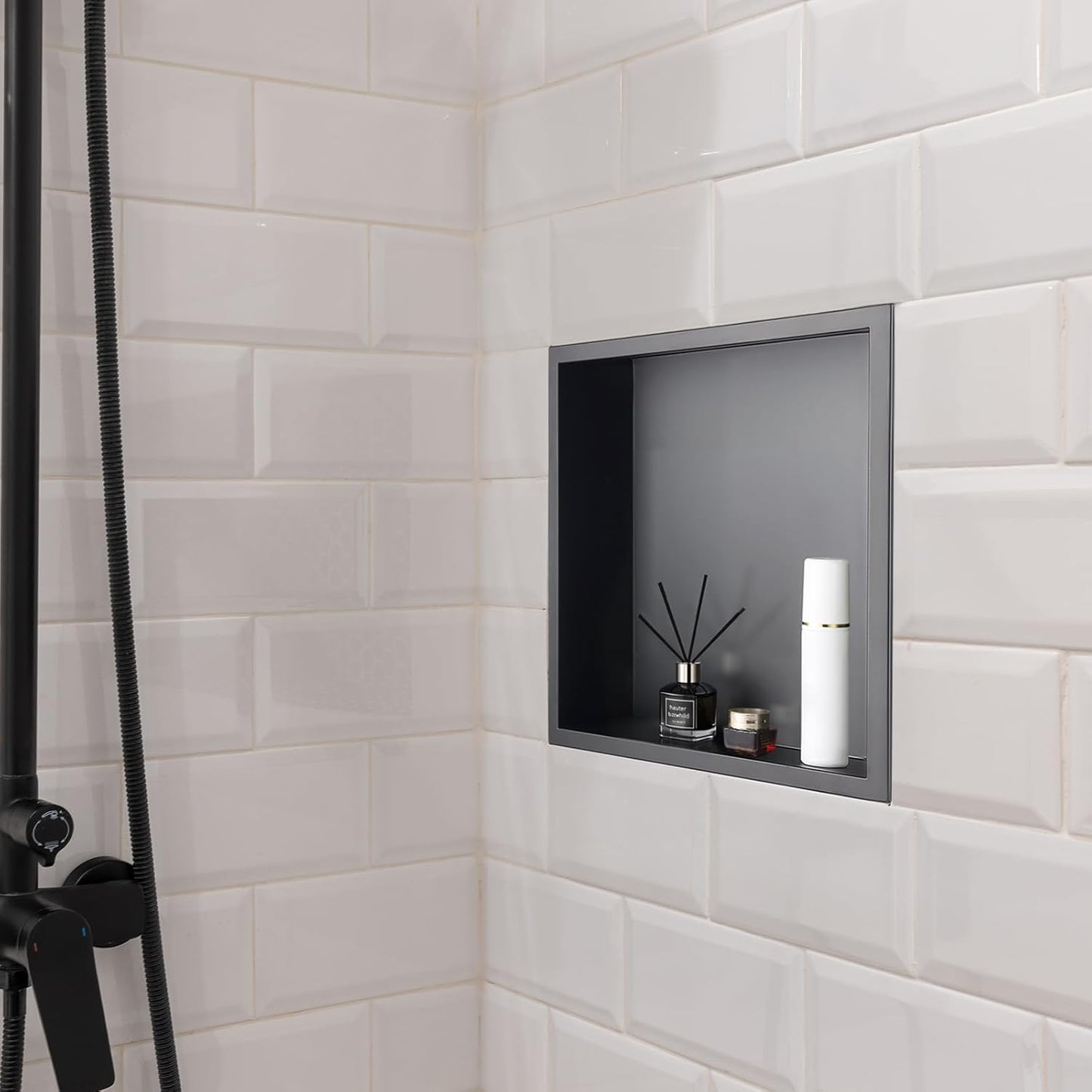 VEVOR Shower Niche, 13 x 13 x 4 inch Recessed Wall Niche, Heavy-duty Stainless Steel Modern Soap & Shampoo Storage Organizer, Sealed Waterproof, Durable & Easy to Install,Black for Bathroom