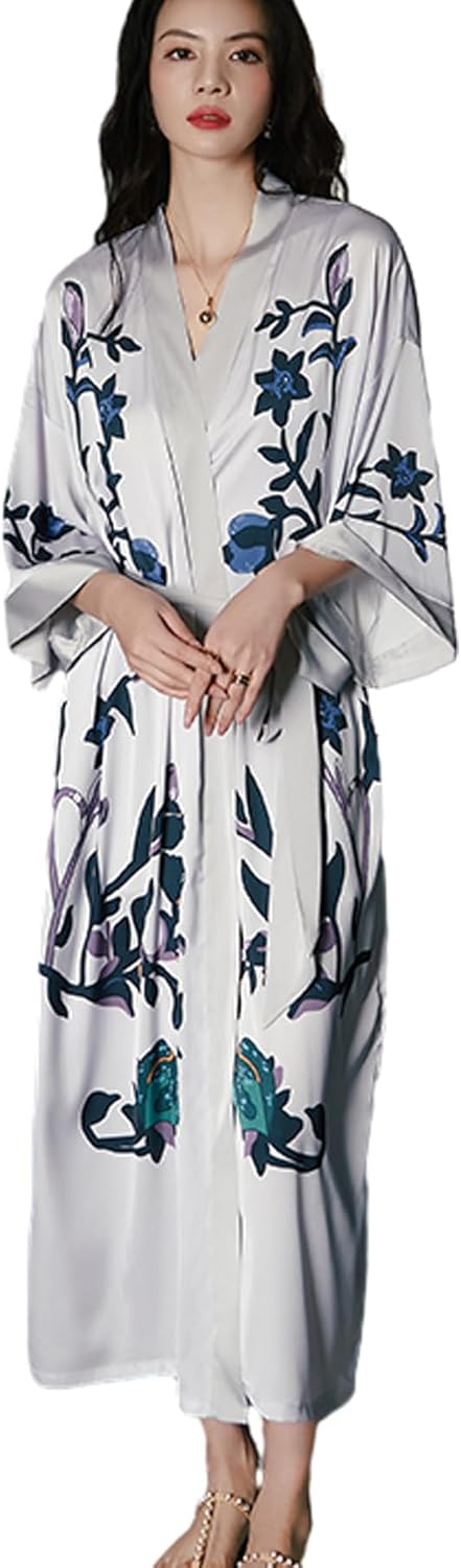 Silk Satin Robe for Women Long Japanese Kimono Robe Lightweight Soft Bathrobe Floral Luxury Dressing Gown