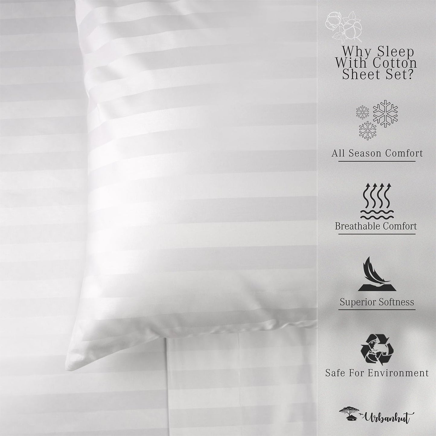 URBANHUT 1000 Thread Count Egyptian Cotton Sheets Damask Striped Queen Size, Long Staple Soft & Breathable, 4 Pc Bed Sheet Sets, Luxury Hotel Sateen Sheets Fits 16" Deep Pocket - White