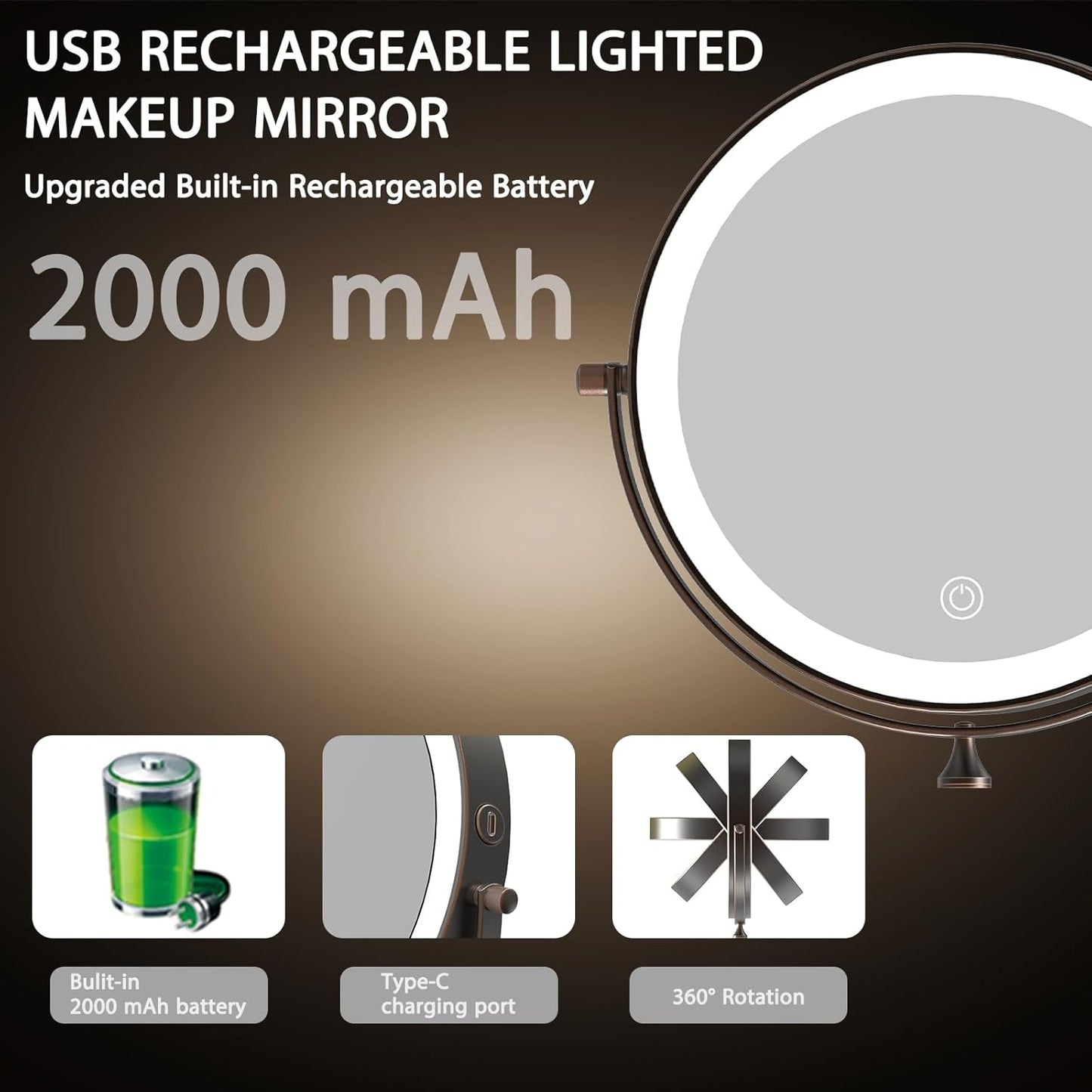 Rechargeable Wall Mounted Lighted Makeup Vanity Mirror 8 Inch Double Sided 1X 10X Magnifying Bathroom Mirror, 3 Color Lighting, Touch Screen Dimming, 360 Rotation Oil Rubbed Bronze