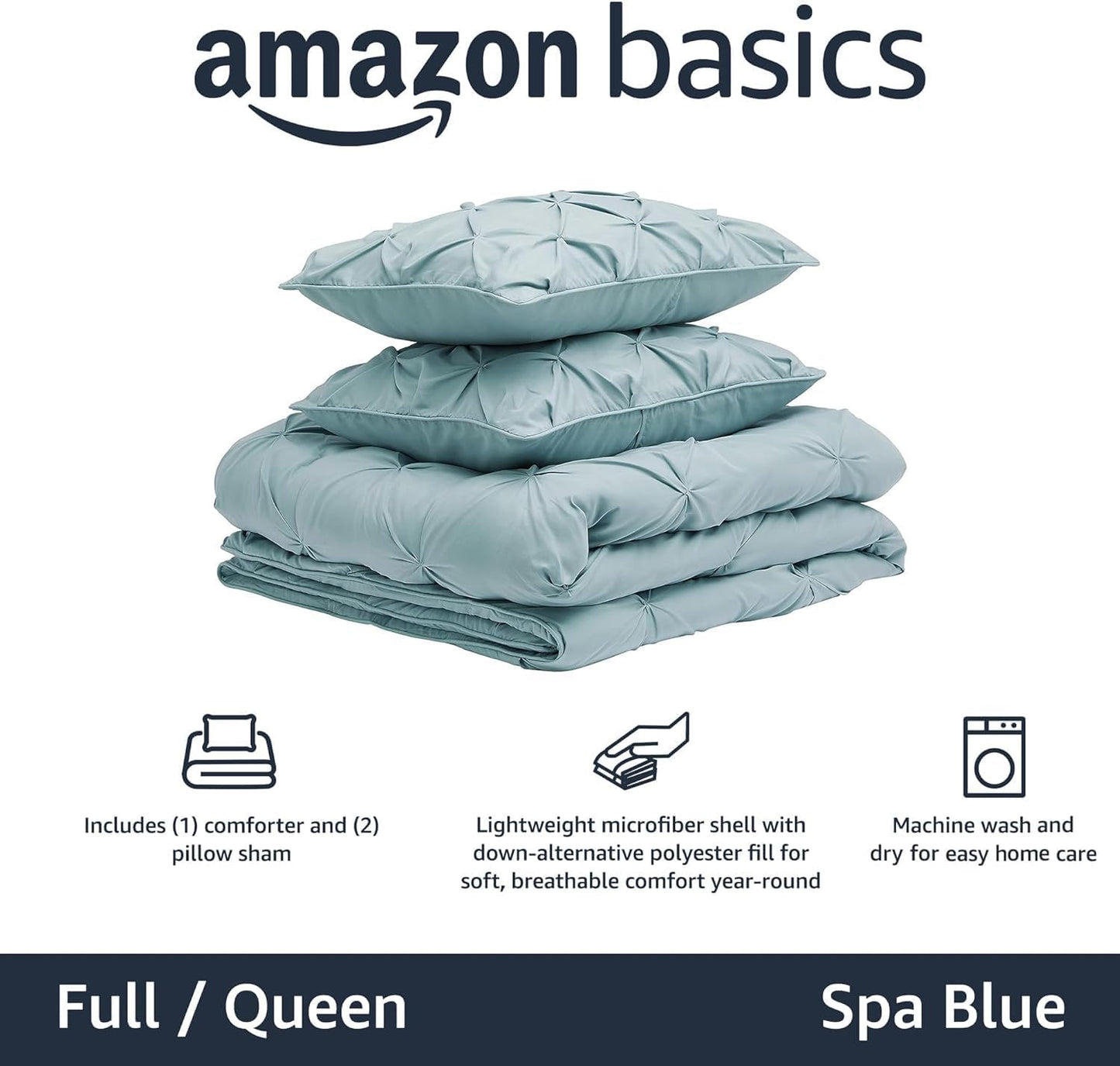 Amazon Basics Soft, Lightweight Queen Size Comforter Sets, All-Season Down-Alternative 3-Piece Bedding Set, Pinch Pleat Design, Full/Queen Size, Spa Blue