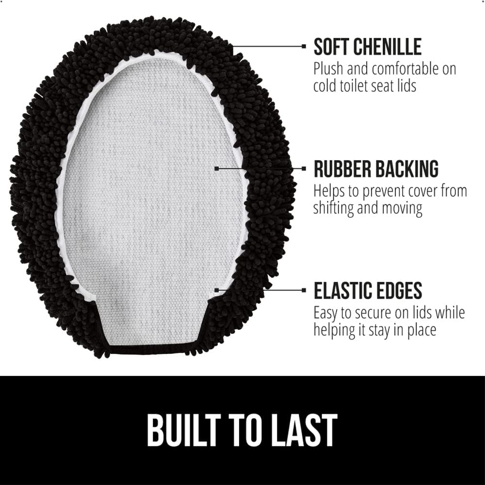 GORILLA GRIP Soft Chenille Bathroom Toilet Lid Cover, Machine Washable Seat Covers, 19.5x18.5, Stays in Place Rubber Backing, Fits Most Round, Elongated and Oblong Lids, Accessories Decor, Black