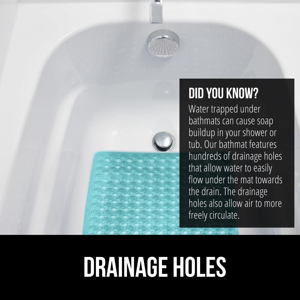 GORILLA GRIP Patented Bath Tub Shower Mat, Machine Washable Bathtub Floor Liner Mats, Suction Cups and Drain Holes to Keep Tubs Clean, Soft on Feet, Bathroom Essentials, 35x16 Inch, Clear Turquoise