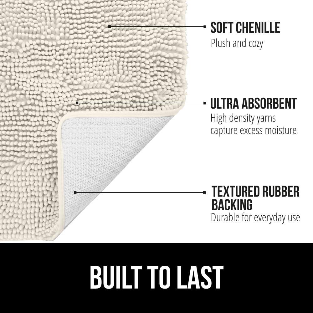 GORILLA GRIP Plush Absorbent Shaggy Chenille Bath Rug Mat for Square Toilet Base with Rubber Backing, Machine Washable Rugs, Soft Microfiber Contour Mats for Toilets, Bathroom Decor, Ivory
