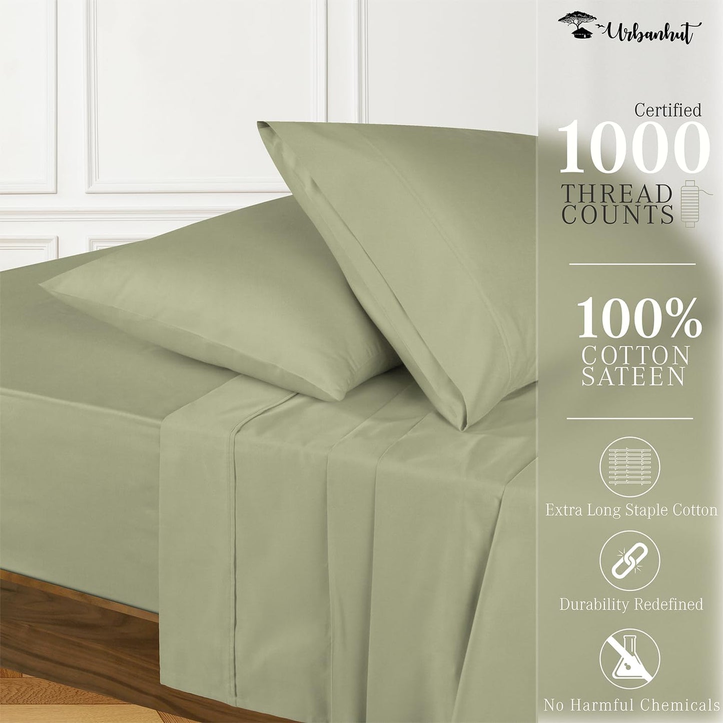 URBANHUT 1000 Thread Count Full Size Egyptian Cotton Sheets, Long Staple Soft & Breathable, 4 Pc Bed Sheet Sets, Sateen Finish Luxury Hotel Bedsheets Fits 16" Deep Pocket - Sage