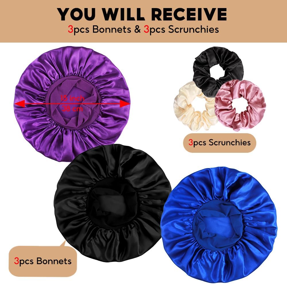 3+3 Large Satin Bonnets with Scrunchies for Women, Wide Band Hair Bonnet for Sleeping Braids Curly Hair