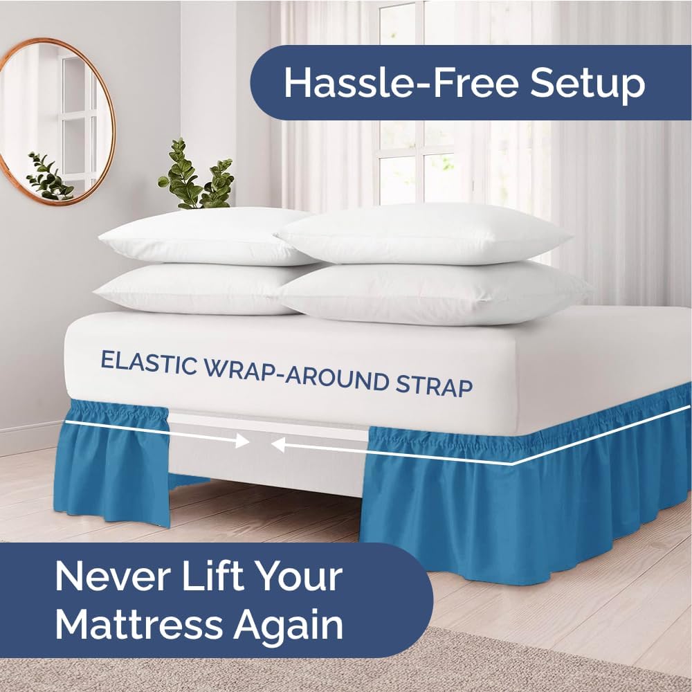 Wrap Around Dust Ruffle Bed Skirt - Denim Blue - for Queen Size Beds with 12 Inch Drop - Elastic Strap - Adjustable Pleated Bedskirt with Brushed Fabric and Wrinkle Free - For Women, Men, Kids & Teens