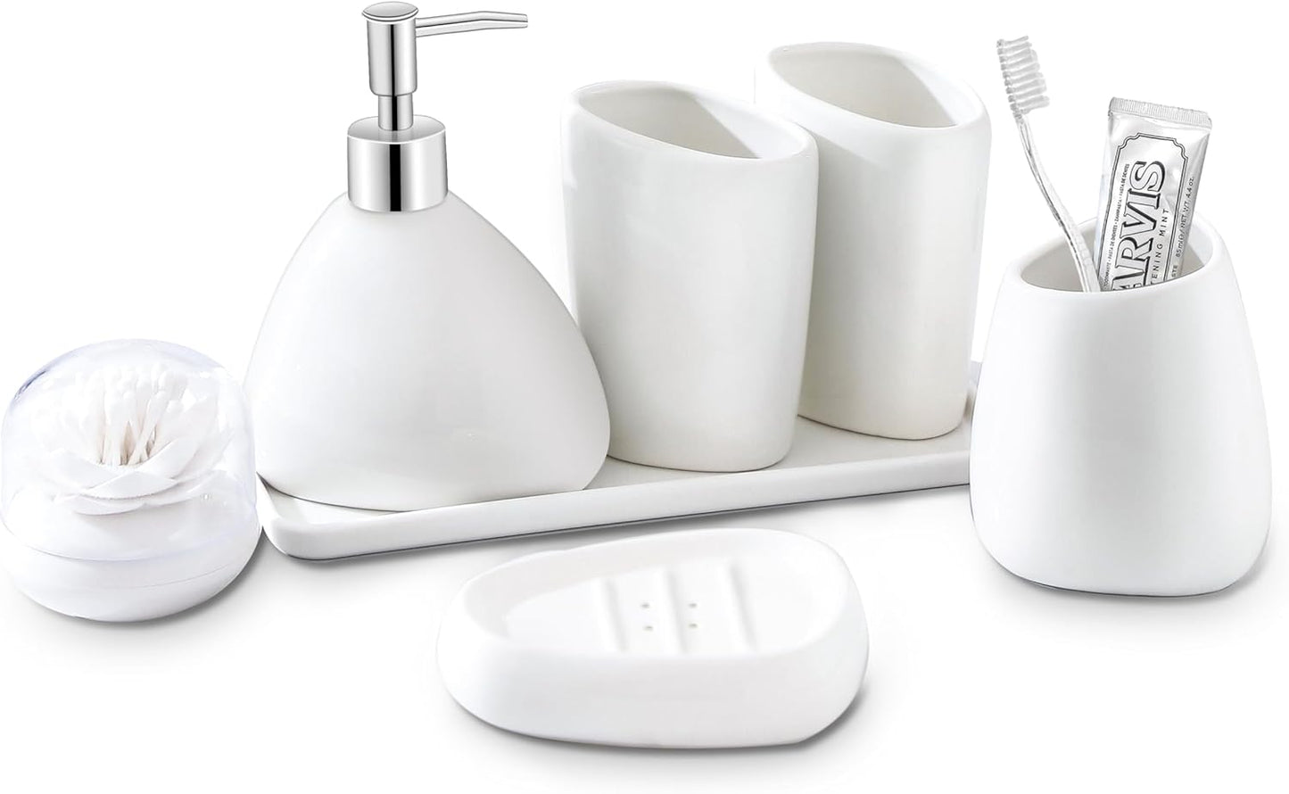 Ceramic Bathroom Accessory Set, 7 Pieces Countertop Accessories, Include Soap Dispenser, Toothbrush Holder, 2 Tumbler Cup, Soap Dish, Plastic Vanity Tray, Qtip Holder (White)