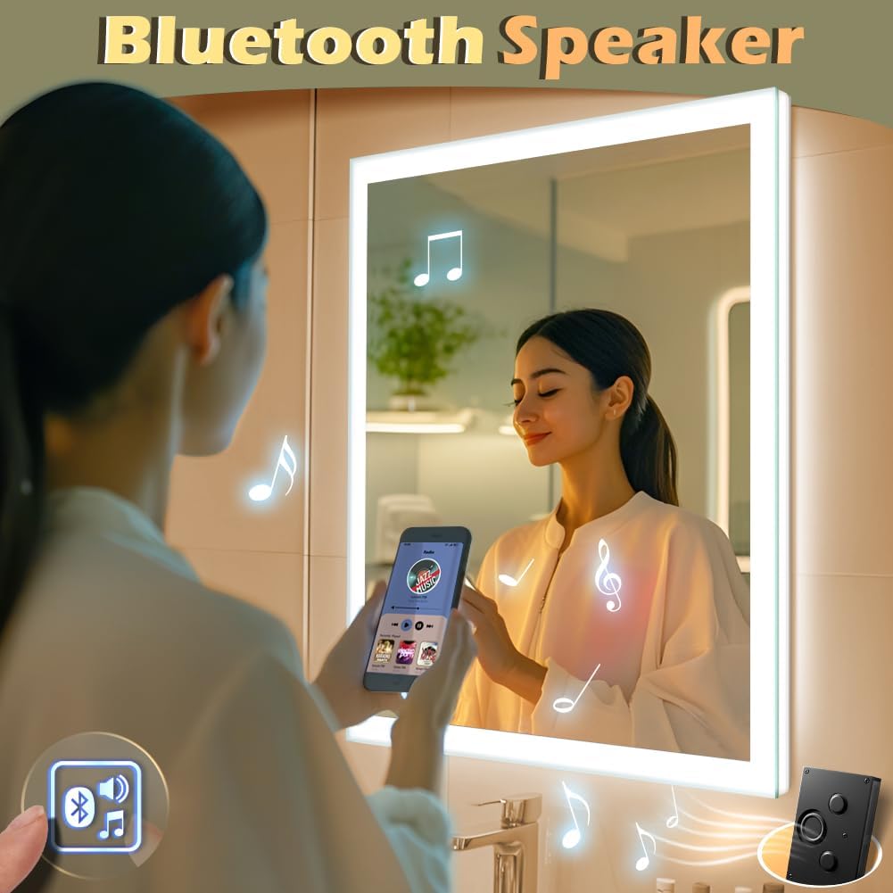32 x 40 inch LED Bathroom Mirror with Bluetooth Speaker, Induction Switch Light Smart Vanity Mirror Wall Mounted, IP44 Waterproof Anti Fog Vertical & Horizontal