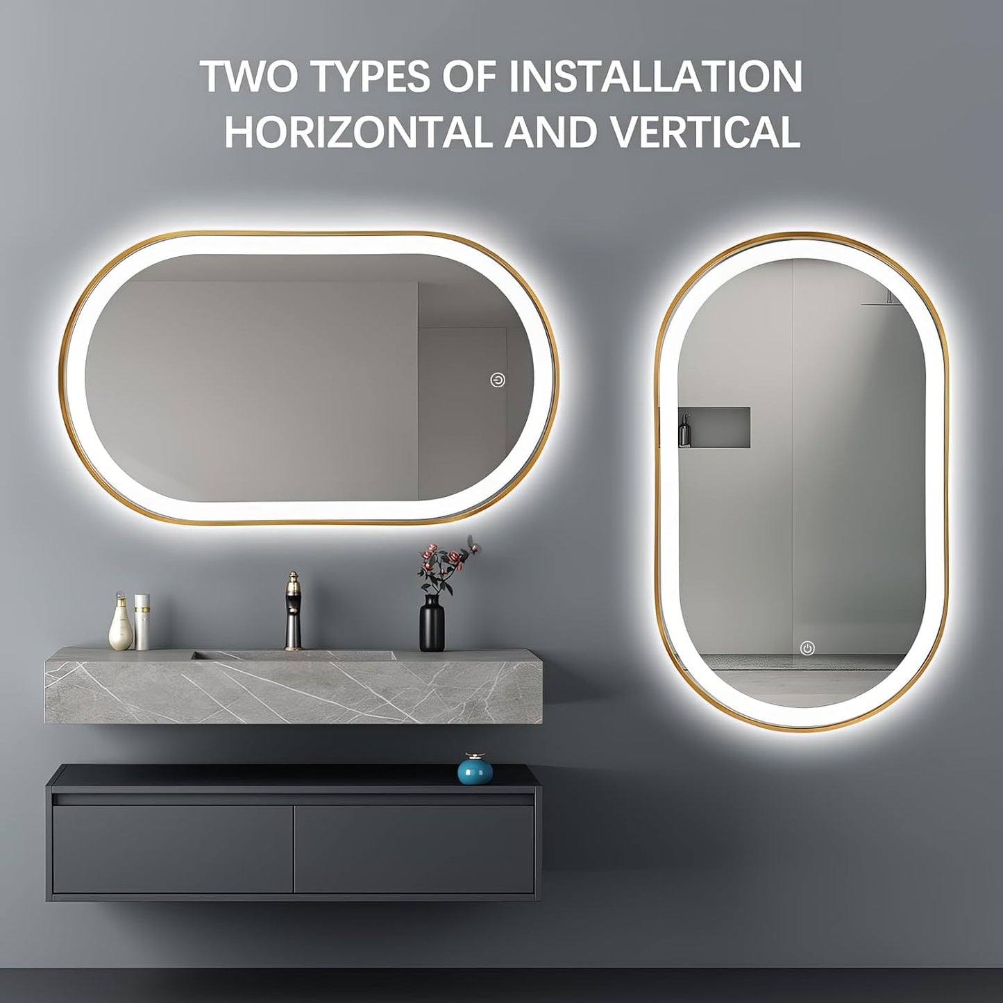 40"x24" Oval LED Bathroom Mirror with Lights, Gold Anti Fog Lighted Vanity Mirror Wall Mounted, Stepless Dimmable LED Oval Mirror, Memory, ShatterProof, Front/Backlit, Horizontal/Vertical