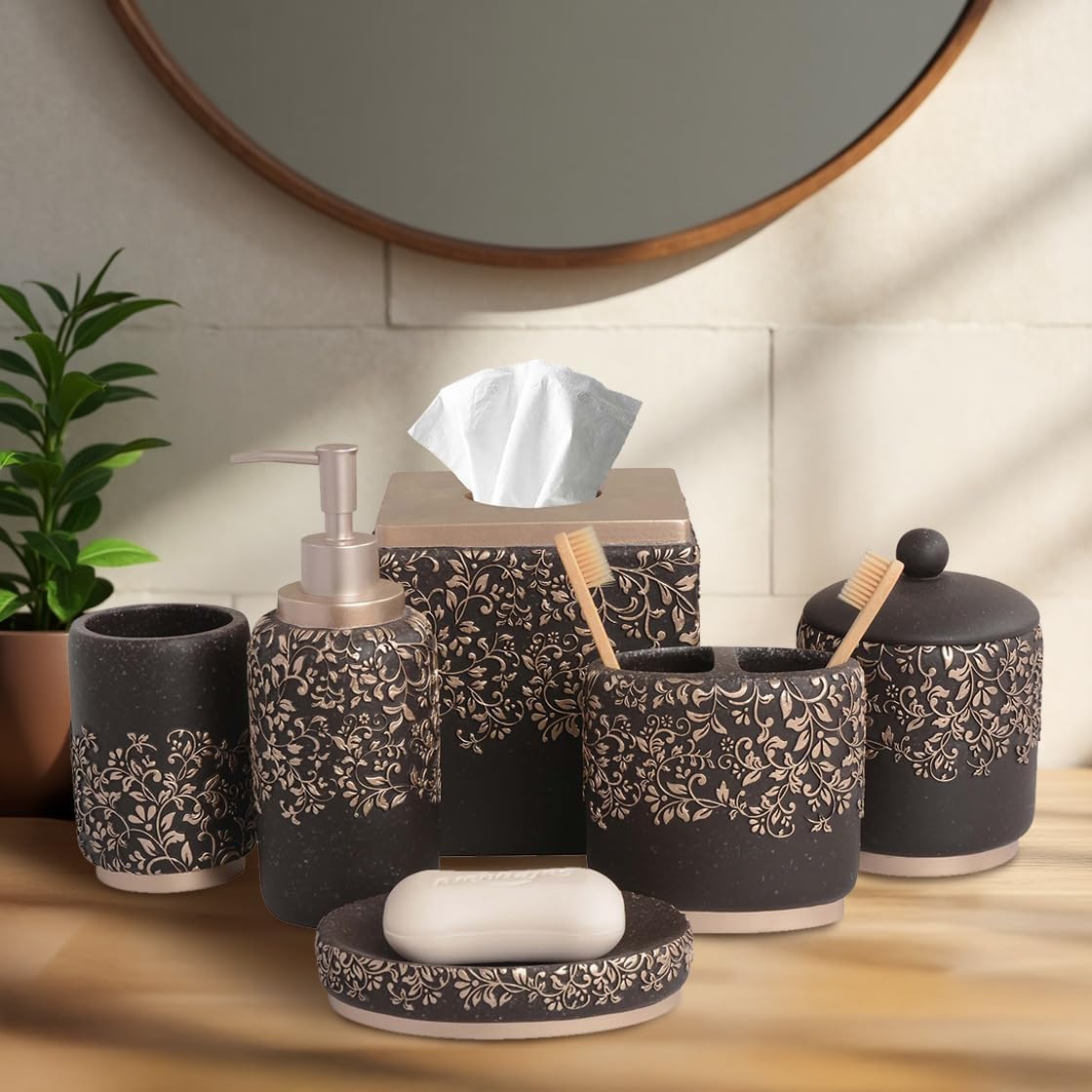 Decozen Bathroom Accessories Set 6Pcs – Soap Dispenser, Toothbrush Holder, Tumbler, Soap Dish & Cotton Swab Jar – Modern Bathroom Decor, Bath Set for Christmas Decor, Stella