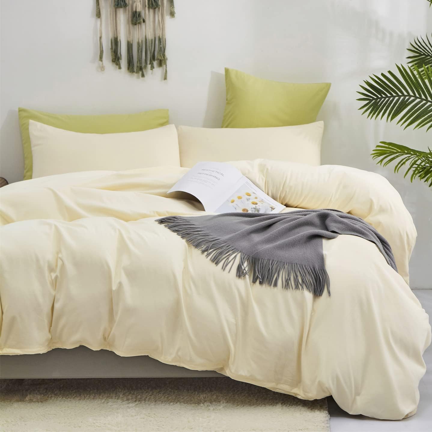 KAREVER Light Yellow Comforter Set Full Ivory Bedding Set Men Breathable Beige Bedding Set Women Soft Off White Ivory Bedding Comforter Set Full Size Comforter