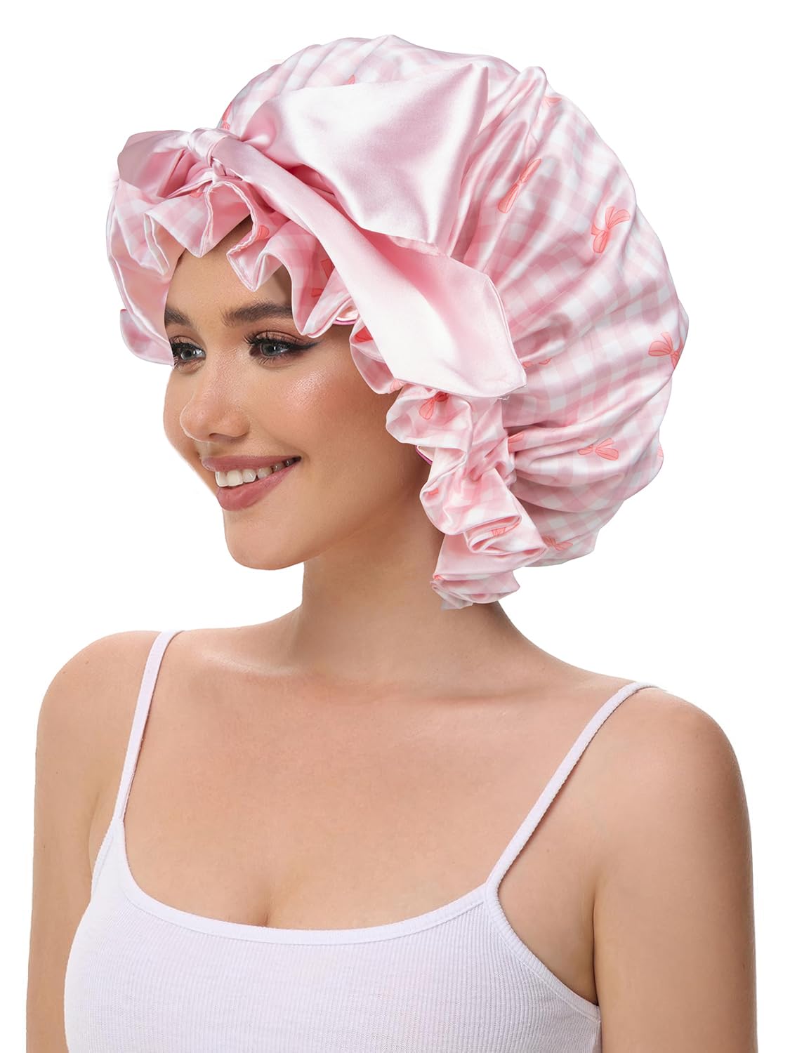 Cute Adjustable Silk Bonnet for Sleeping Double Layer Satin Cap Hair Sleep Bonnet for Curly Hair Pink White Bow