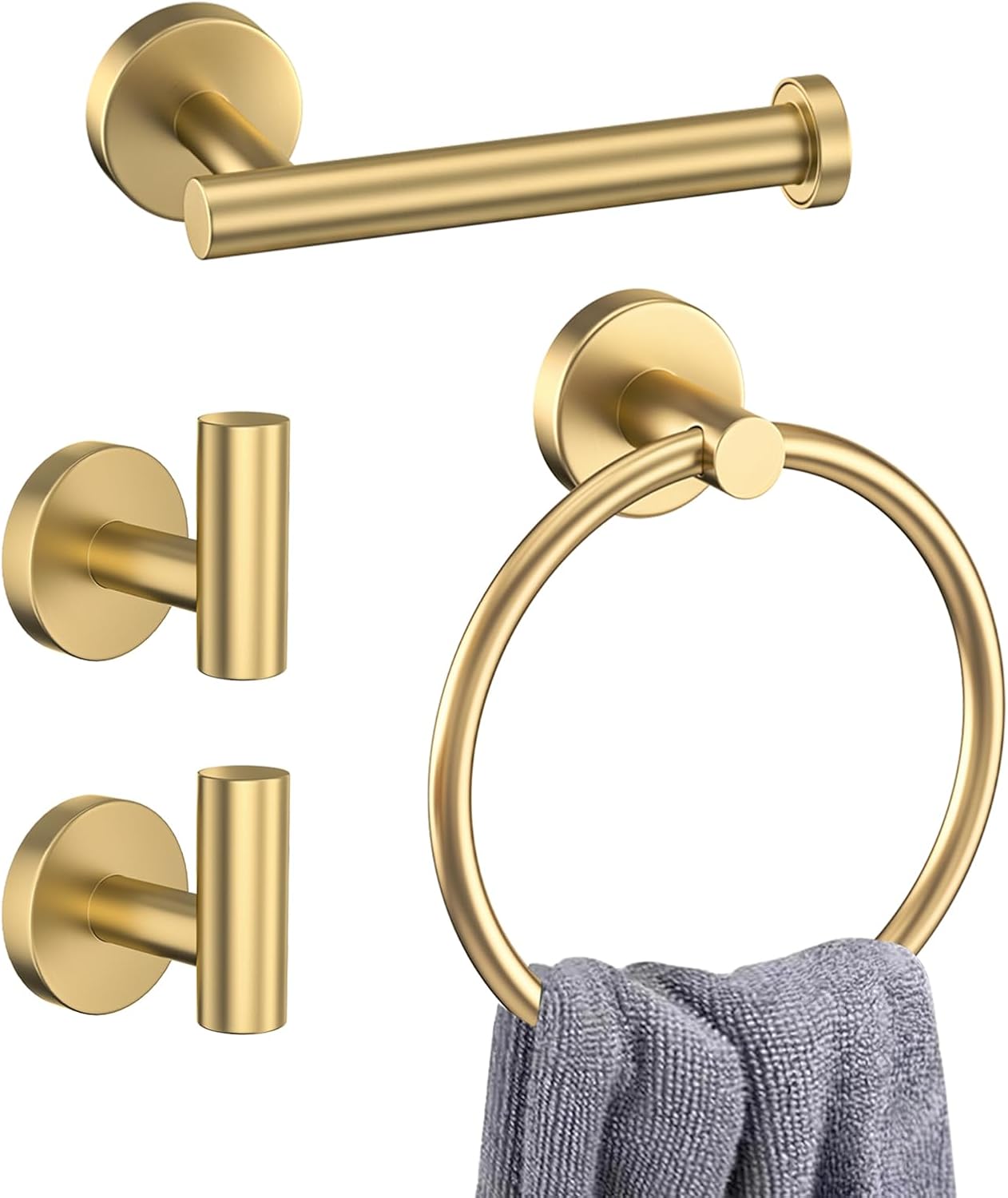 4-Piece Brushed Gold Bathroom Hardware Set,Gold Bathroom Accessories Include Towel Ring,Toilet Paper Holder & 2 Robe Hooks-Rustproof Wall Mounted Bathroom Set