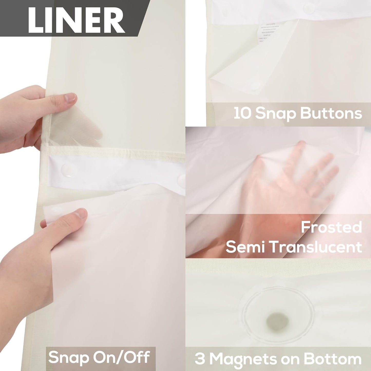 Long No Hook Slub Textured Shower Curtain with Snap-in PEVA Liner Set - 71" x 77"(75"), Hotel Style with See Through Top Window, Cream Fabric Curtain & Waterproof Liner, Sand, 71x77