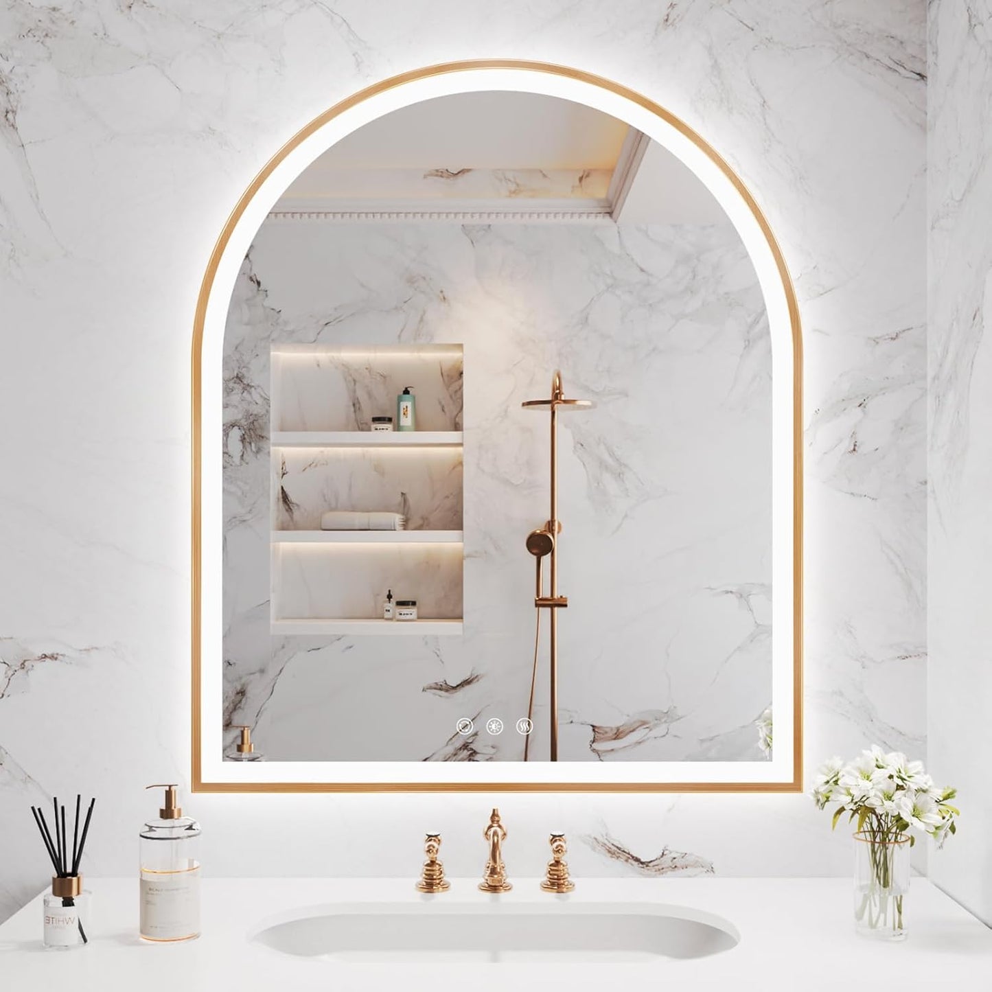 Arched LED Mirror for Bathroom 30"x36", Orange Gold LED Bathroom Mirror with Lights-Fogless, Dimmable, 3 Color Changing, Shatterproof, Touch Sensor
