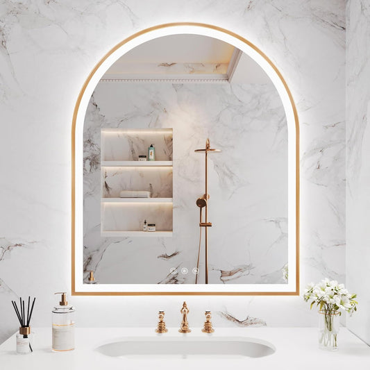 Arched LED Mirror for Bathroom 30"x36", Orange Gold LED Bathroom Mirror with Lights-Fogless, Dimmable, 3 Color Changing, Shatterproof, Touch Sensor