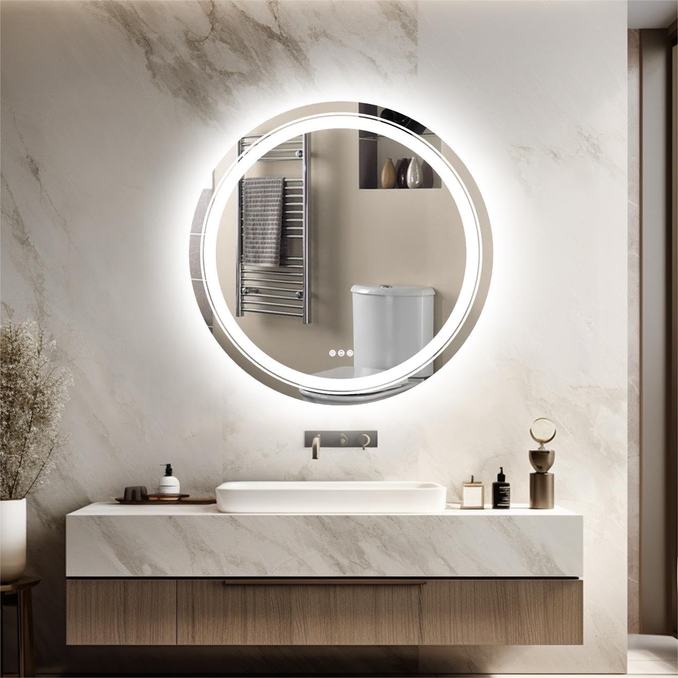 LUVODI Lighted LED Bathroom Mirror: 32” Circle Wall Mounted Large Lighted Makeup Mirror with Backlit and Front Light - Illuminated Dimmable 3 colors Vanity Mirrors with Demister Pad Smart Touch Switch
