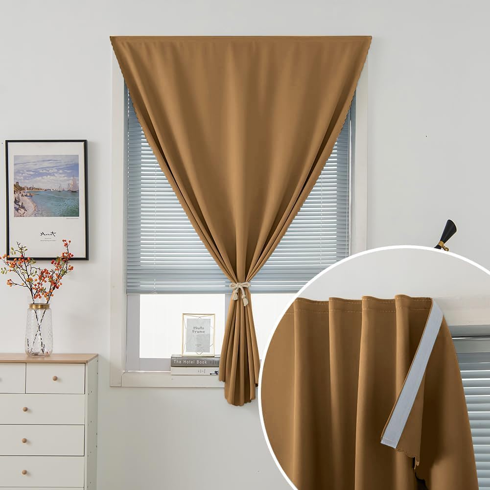 Self Adhesive Curtains, Stick Curtain Blackout Shades Window Cover Curtains for Living Room No Drilling, 35" W X 59" L, Brown, 1 Panel