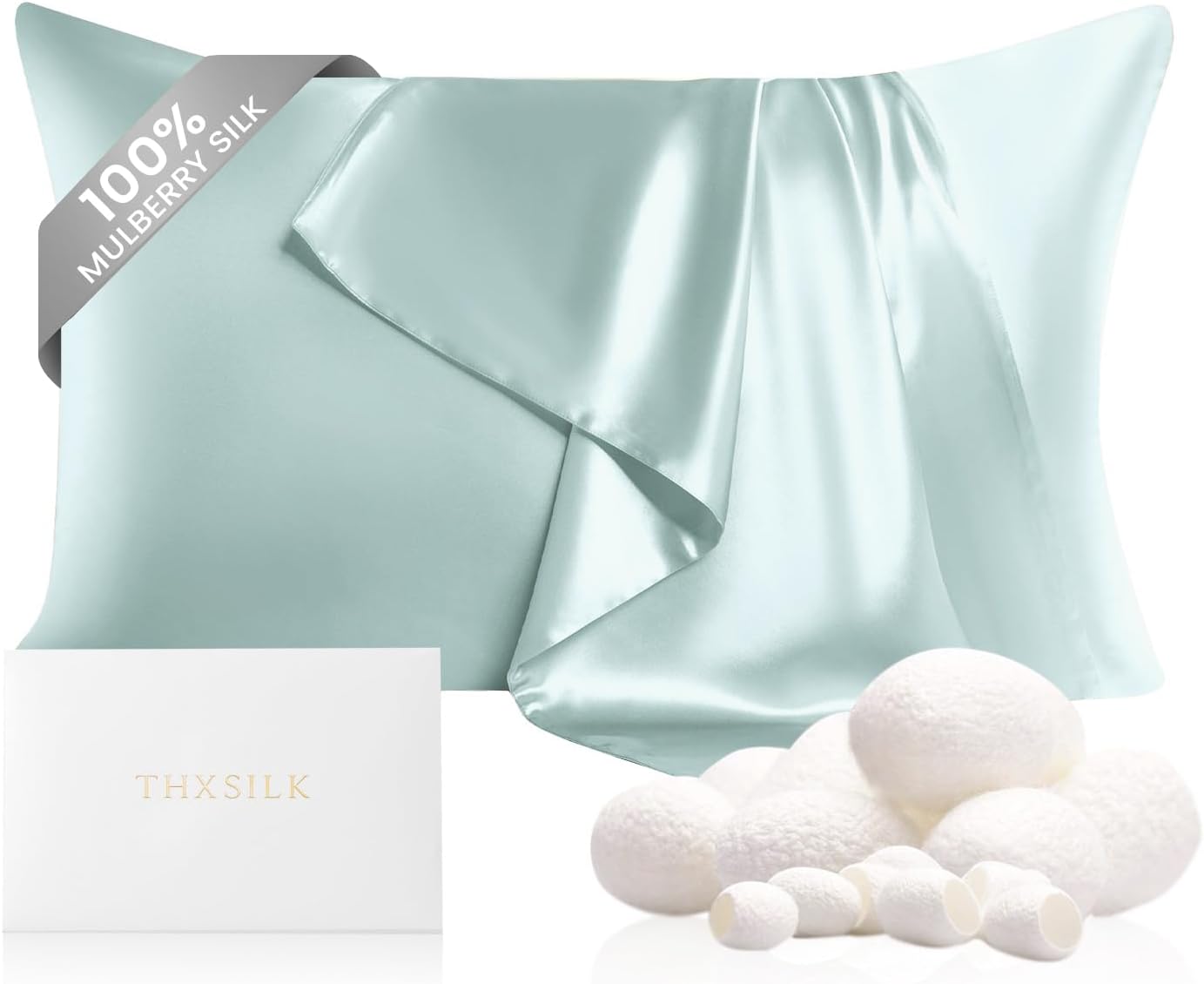 THXSILK 100% Mulberry Silk Pillowcase for Hair and Skin, Grade 6A+ Mulberry Silk Pillow Case 22 Momme, Hypoallergenic Pillow Case Cover with Zipper, 1pc (Queen 20"x30", Light Blue)