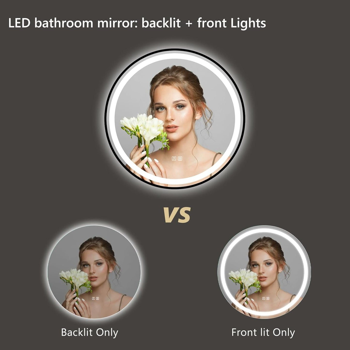 APRILSOUL 28 Inch Round Aluminum Framed LED Bathroom Mirror with Lights, Makeup Mirror with Front and Backlit, Anti-Fog, 3 Colors and Dimmable Light