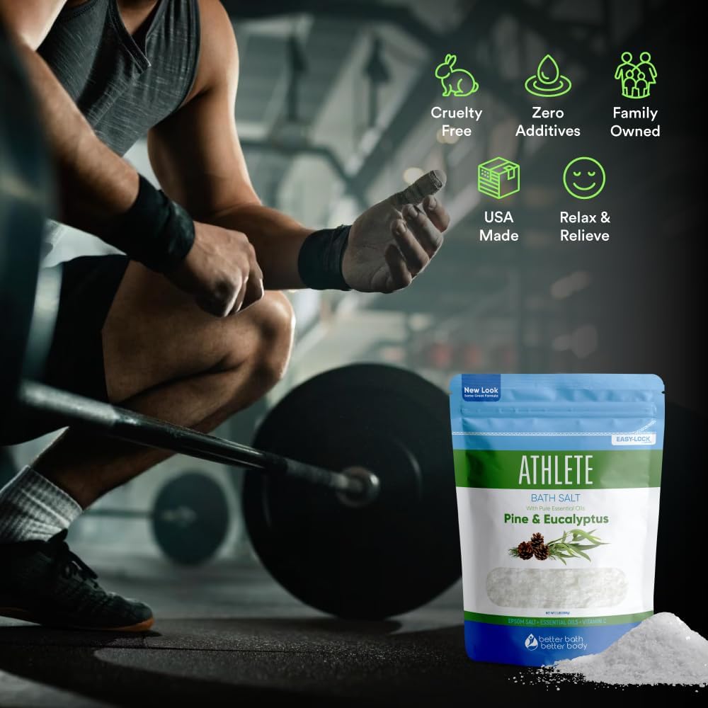 Athlete Bath Salt 32 Ounces Epsom Salt with Natural Lavender, Pine, Peppermint and Eucalyptus Essential Oils Plus Vitamin C in BPA Free Pouch with Easy Press-Lock Seal