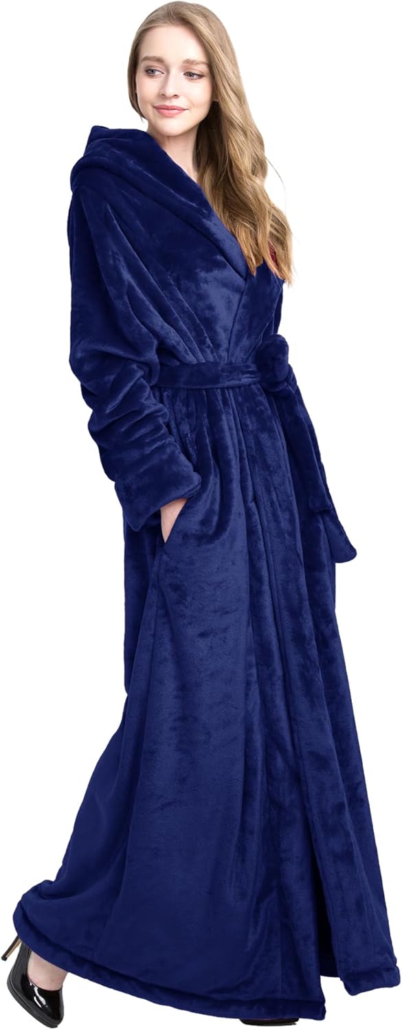Women's Plush Robe Extra Long Robe with Pockets Thicken Soft Warm Bathrobe