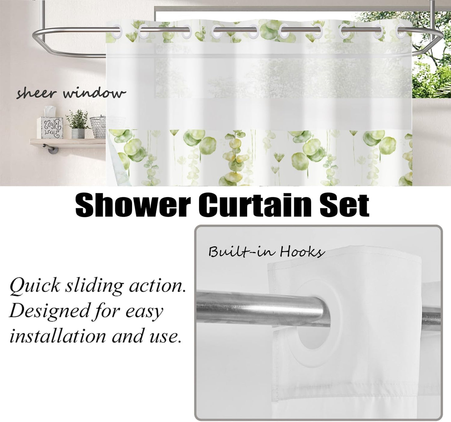Green Leaves Shower Curtain No Hooks with Snap-in Fabric Liner Set,Spring Plant Vine Shower Curtain for Bathroom,Hotel Decor Waterproof Shower Curtains,with See Through Top Window,71W x 74H